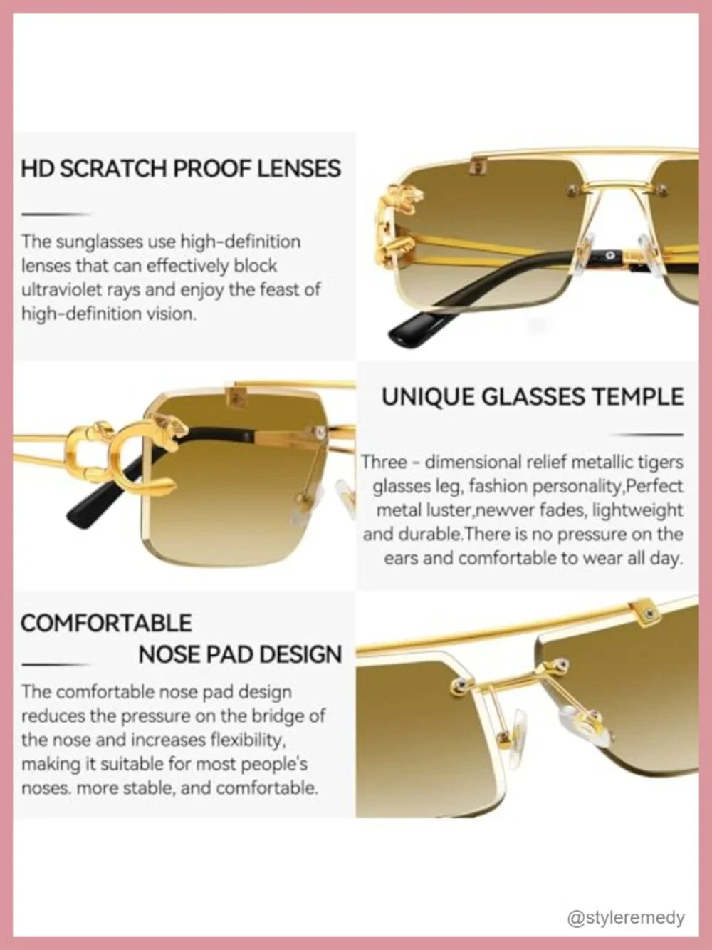 Rimless Square Sunglasses Men UV400 Metal Frame Rectangle Y2K Shades